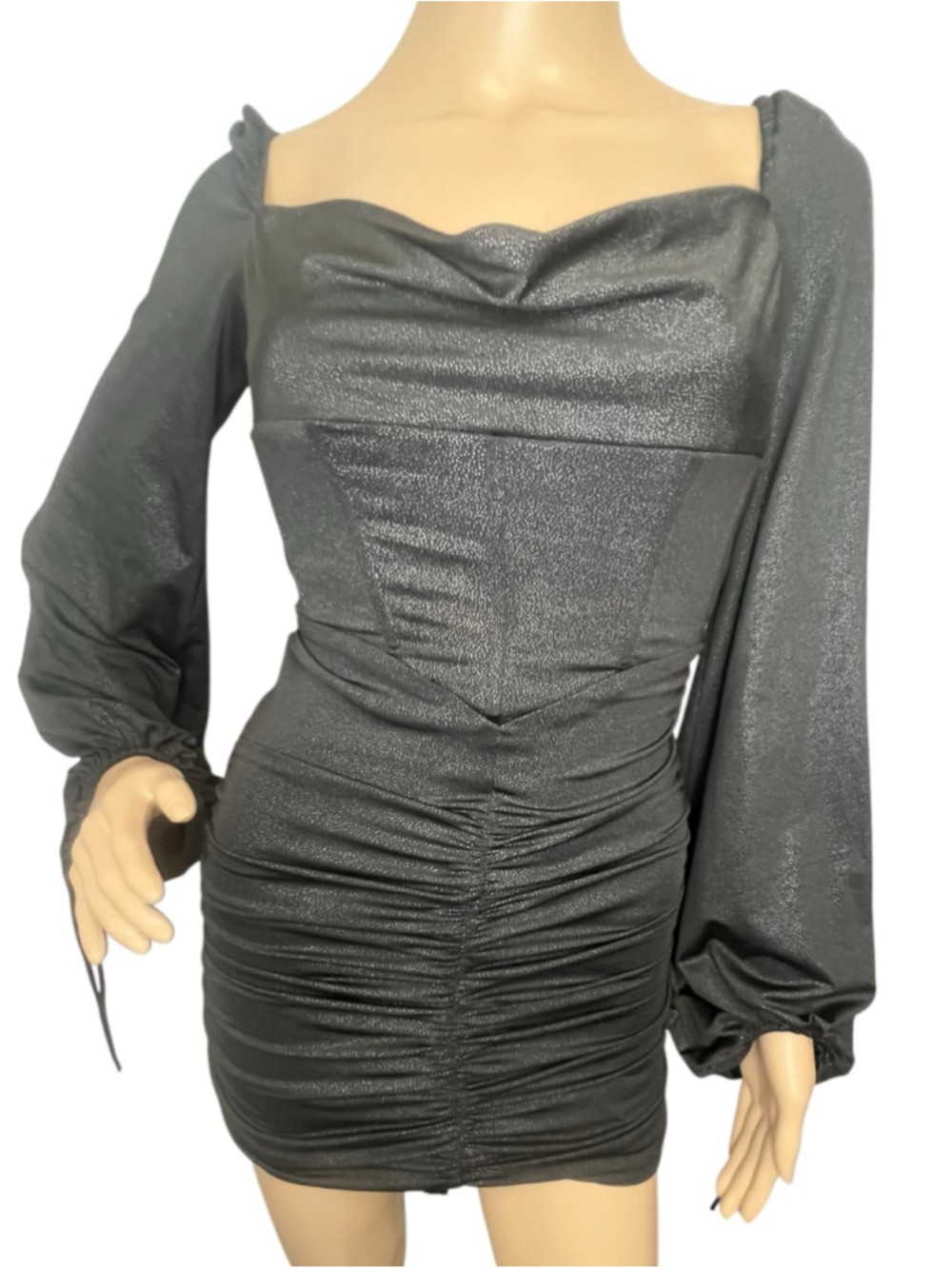 Lucy In The Sky Black Metallic Ruched Corset Mini Cocktail Dress